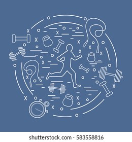 Vector illustration of the jogging man and different kinds of sports equipment arranged in a circle. Including icons of skipping rope, stopwatch, dumbbells and other. 