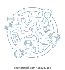 Vector illustration of the jogging man and different kinds of sports equipment arranged in a circle. Including icons of skipping rope, stopwatch, dumbbells and other. 