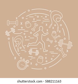 Vector illustration of the jogging man and different kinds of sports equipment arranged in a circle. Including icons of skipping rope, stopwatch, dumbbells and other. 