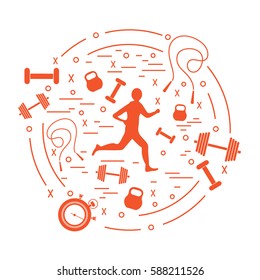 Vector illustration of the jogging man and different kinds of sports equipment arranged in a circle. Including icons of skipping rope, stopwatch, dumbbells and other. 