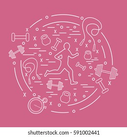Vector illustration of the jogging man and different kinds of sports equipment arranged in a circle. Including icons of skipping rope, stopwatch, dumbbells and other. 