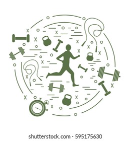Vector illustration of the jogging man and different kinds of sports equipment arranged in a circle. Including icons of skipping rope, stopwatch, dumbbells and other. 