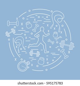 Vector illustration of the jogging man and different kinds of sports equipment arranged in a circle. Including icons of skipping rope, stopwatch, dumbbells and other. 