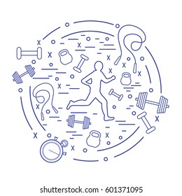 Vector illustration of the jogging man and different kinds of sports equipment arranged in a circle. Including icons of skipping rope, stopwatch, dumbbells and other. 
