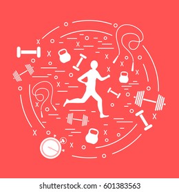 Vector illustration of the jogging man and different kinds of sports equipment arranged in a circle. Including icons of skipping rope, stopwatch, dumbbells and other. 