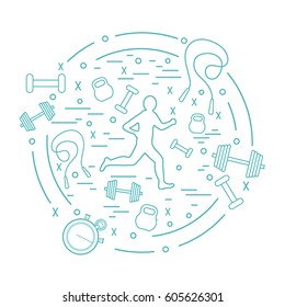 Vector illustration of the jogging man and different kinds of sports equipment arranged in a circle. Including icons of skipping rope, stopwatch, dumbbells and other. 