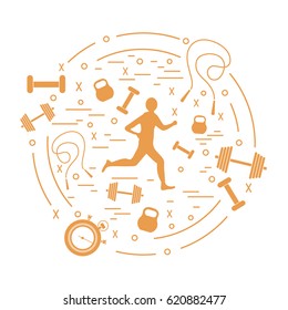 Vector illustration of the jogging man and different kinds of sports equipment arranged in a circle. Including icons of skipping rope, stopwatch, dumbbells and other. 