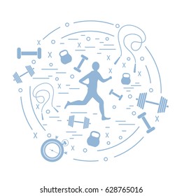 Vector illustration of the jogging man and different kinds of sports equipment arranged in a circle. Including icons of skipping rope, stopwatch, dumbbells and other. 