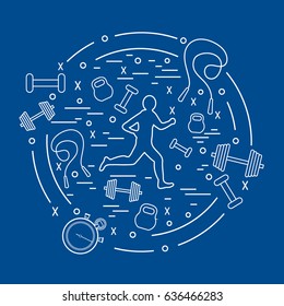 Vector illustration of the jogging man and different kinds of sports equipment arranged in a circle. Including icons of skipping rope, stopwatch, dumbbells and other. 