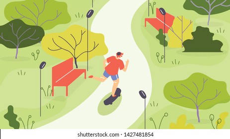 Vector Illustration Jogging in Park Cartoon Flat. Activity Guy in Sportswear is Jogging Among Trees. Running in Green Zone is Good for Health. Athletic Young Man Running, Rear View.