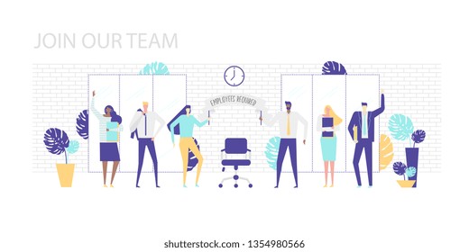 Vector Illustration. Join Our Team. Men And Women Of Different Nationalities In The Office Welcome The New Employee. Holding A Poster With The Inscription 