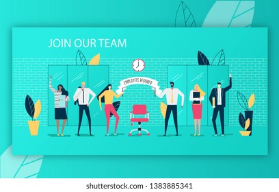 Vector illustration. Join our team. Men and women of different nationalities in the office welcome the new employee. Holding a poster with the inscription "employees are required". Flat design. 