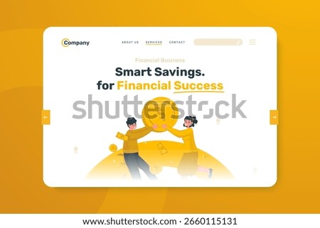Vector illustration of joint investment for web page about financial success. A man and a woman holding big coins. Earn money saving on landing page template.