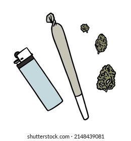 Ilustración vectorial de brotes articulares, ligeros y de marihuana aislados en fondo blanco.