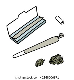 Vector illustration of joint, rolling paper and cannabis buds isolated on white background.