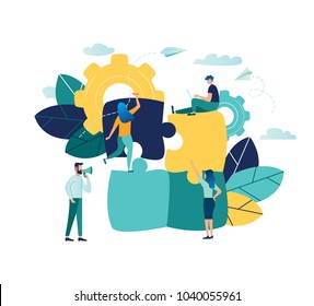 Vector illustration, joint teamwork in the company, people push details of puzzles, business leader contraces the construction process vector