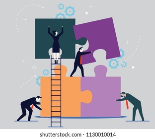 Vector illustration, joint teamwork in the company, people push details of puzzles, business leader contraces the construction process
