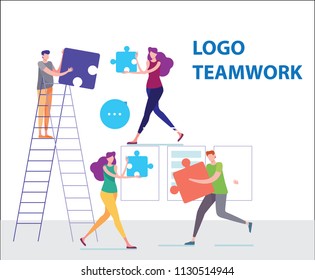 Vector illustration, joint teamwork in the company, people push details of puzzles, business leader contraces the construction process