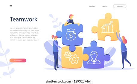 Vector illustration, joint teamwork in the company, teamwork successful together concept. Marketing content.Bisiness people push details of puzzles, business leader contraces the construction process