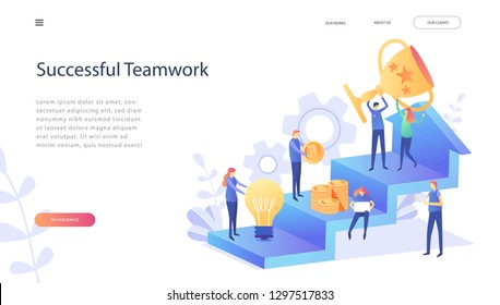 Vector illustration, joint teamwork in the company, teamwork successful together concept. Growth, progress.Business leader contraces the construction process, leadership qualities in a creative team