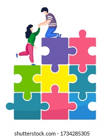 Ilustración vectorial, trabajo en equipo conjunto en la empresa, el hombre ayuda a una mujer a trepar una pirámide de rompecabezas. Trabajo conjunto, éxito común y apoyo al equipo, el camino hacia la cima en relaciones y negocios