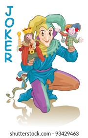 Vector illustration, joker harlequin wielding puppets, card concept, white background.