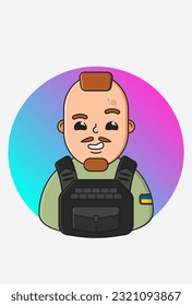 Vector illustration of a joking soldier with a brown mahawk hairstyle with a small mustache and a beard 