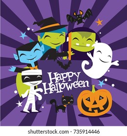 A vector illustration of jolly halloween monsters and creatures with happy halloween banner. 