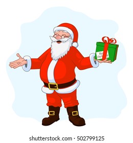 Vector Illustration of jolly plump Santa Claus with divorced hands and gift box