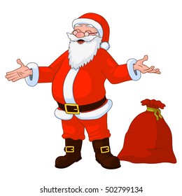 Vector Illustration of jolly plump Santa Claus with divorced hands and bag full of gifts.