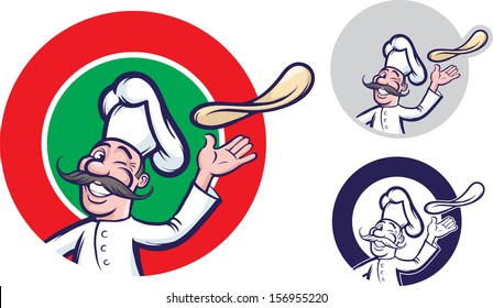 Imagen vectorial de un chef que hace guiños lanzando pizza para masa. Archivo EPS10 vectorial de fácil edición, escalable a cualquier tamaño sin pérdida de calidad. Se incluye el archivo JPG de rasterizado de alta resolución.