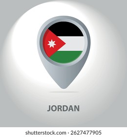 Vector illustration of the Jordanian flag inside the pin icon on the map. A symbolic location marker with the national colors of Jordan on a white background.