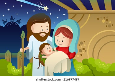 A vector illustration of Joseph, Mary and baby Jesus for nativity concept