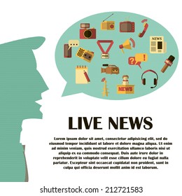 Vector Illustration of Journalism Concept Icon for Design, Website, Background. Modern Flat Mass media Frame Template. Symbol of Reporter, TV, Microphone, Newspaper, Accreditation, Camera. 