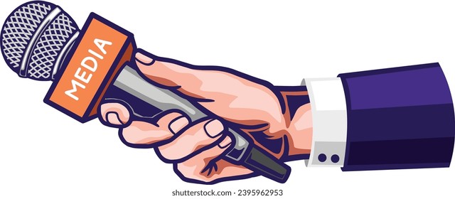 Vector Illustration of Journalists hand holding microphone. interview, reportage, breaking news, press conference concept.