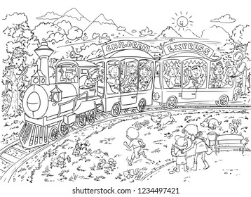 Vector illustration, journey with Children Express, coloring drawing, cartoon concept.