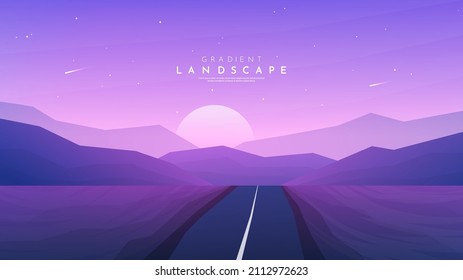 Vector illustration. Journey concept. Background with perspective effect. Wilderness. Desert scene with hills. Modern geometry template for website or game. Empty road. No one on the horizon. Evening