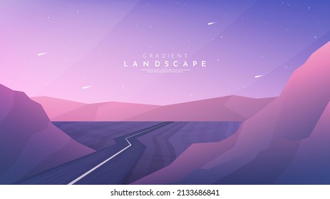 Vector illustration. Journey concept. Background with perspective effect. Wilderness. Desert scene with hills. Modern geometry template for website or game. Empty road. No one on the horizon. Evening