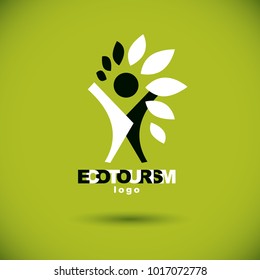 Vector illustration of joyful abstract individual with raised hands up. Ecotourism conceptual logo. Environmental conservation theme icon. Green ecology metaphor.