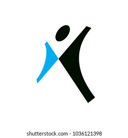 Vector illustration of joyful abstract individual with raised hands up. Liberty conceptual icon. Happiness metaphor symbol. Business innovation idea creative logotype.