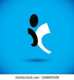 Vector illustration of joyful abstract individual with raised hands up. Successful business career abstract symbol. Corporate development logotype. Freedom creative icon.