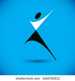 Vector illustration of joyful abstract individual with raised hands up. Liberty conceptual logotype. Happiness metaphor logo. Business innovation idea creative symbol.