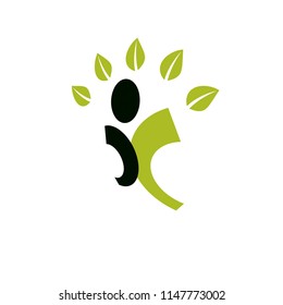 Vector illustration of joyful abstract individual with raised hands up. Go green idea creative logo. Wanderlust and countryside vacation idea symbol.