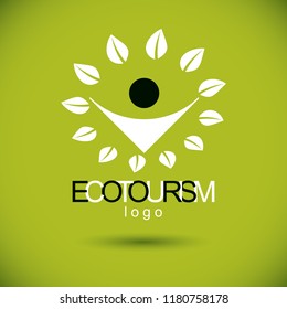 Vector illustration of joyful abstract individual with raised hands up. Ecotourism conceptual logo. Green tourism symbol. Wanderlust and countryside vacation icon.