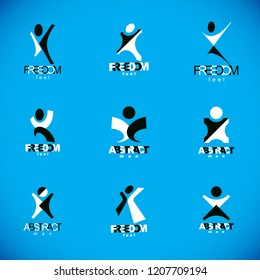 Vector illustration of joyful abstract individual with arms reaching up. Business innovation idea creative logo.
