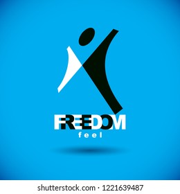 Ilustración vectorial de un individuo abstracto alegre con las manos arriba. Emblema conceptual de la libertad. Logotipo de metáfora de la felicidad. Símbolo creativo de la idea de innovación empresarial.