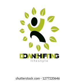 Vector illustration of joyful abstract individual with raised hands up. Downshifting concept logo. Wellness and harmony symbol. Wanderlust and countryside vacation icon.