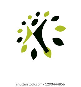 Vector illustration of joyful abstract individual with raised hands up. Go green idea creative logo. Healthy lifestyle metaphor. Vegetarian theme icon.