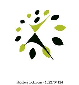 Vector illustration of joyful abstract individual with raised hands up. Go green idea creative logo. Wanderlust and countryside vacation idea symbol.
