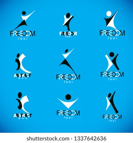 Vector illustration of joyful abstract individual with arms reaching up. Business innovation idea creative logo.